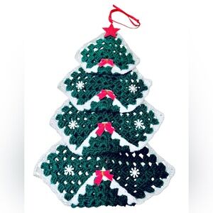 Vintage 1990's Handmade Crocheted Granny Square Christmas Tree Wall Hanging